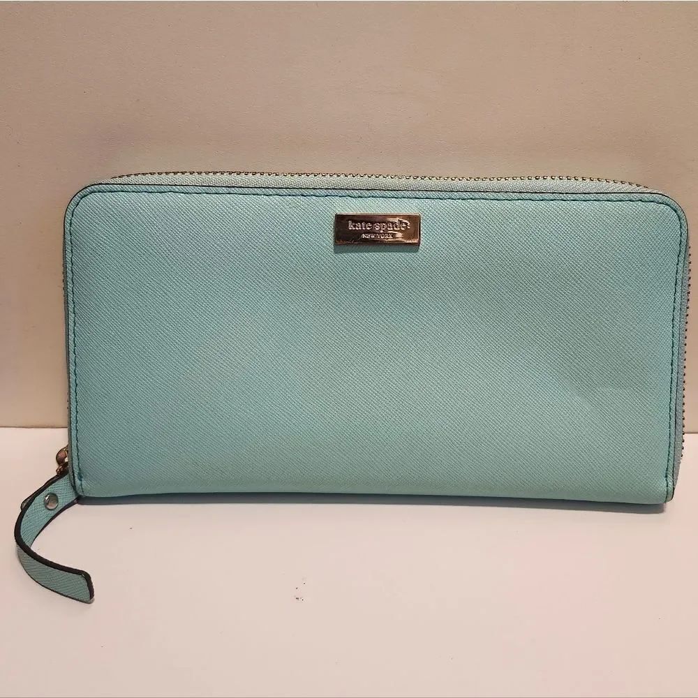 Kate Spade NY Mint Blue Saffiano Leather Zip-Around Accordion Wallet Ret.$175